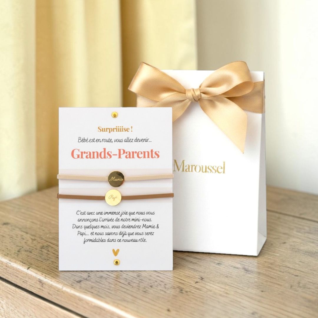 cadeau annonce grossesse grand parents avec bracelet mamie et papi en acier inoxydable gravé et coffret annonce grossesse pret a offrir