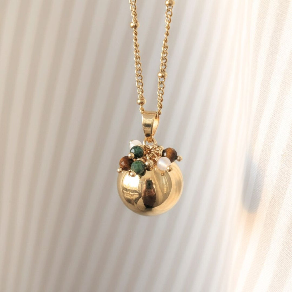 Bola grossesse pierre naturelle émeraude, œil de tigre et nacre - Plaqué or