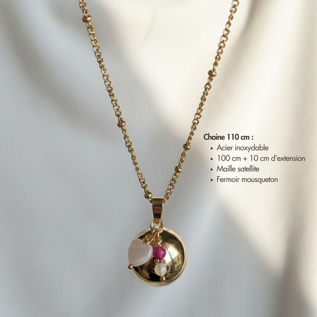 Bola grossesse coeur nacre & pierre rubis - Plaqué or & chaine acier