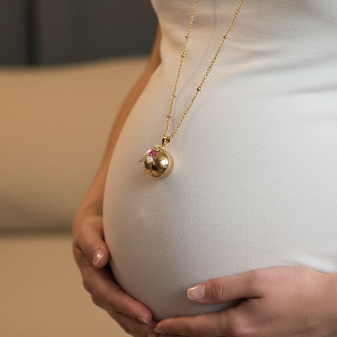 Bola grossesse coeur nacre & pierre rubis - Plaqué or & chaine acier