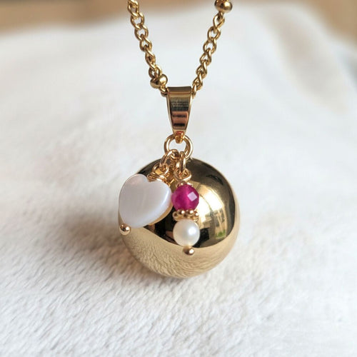 Bola grossesse coeur nacre & pierre rubis - Plaqué or & chaine acier