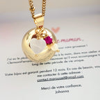 bola avec coeur blanc et pendentif en pierre naturelle rubis facettée et perle nacre en plaqué or 18 carats
