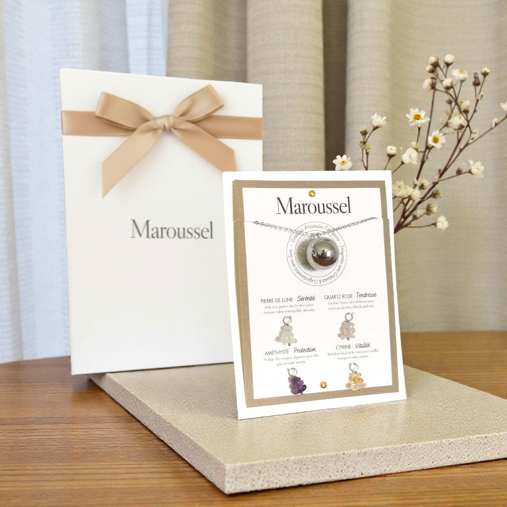 Bola de grossesse argent avec 4 pendentifs en pierres naturelles