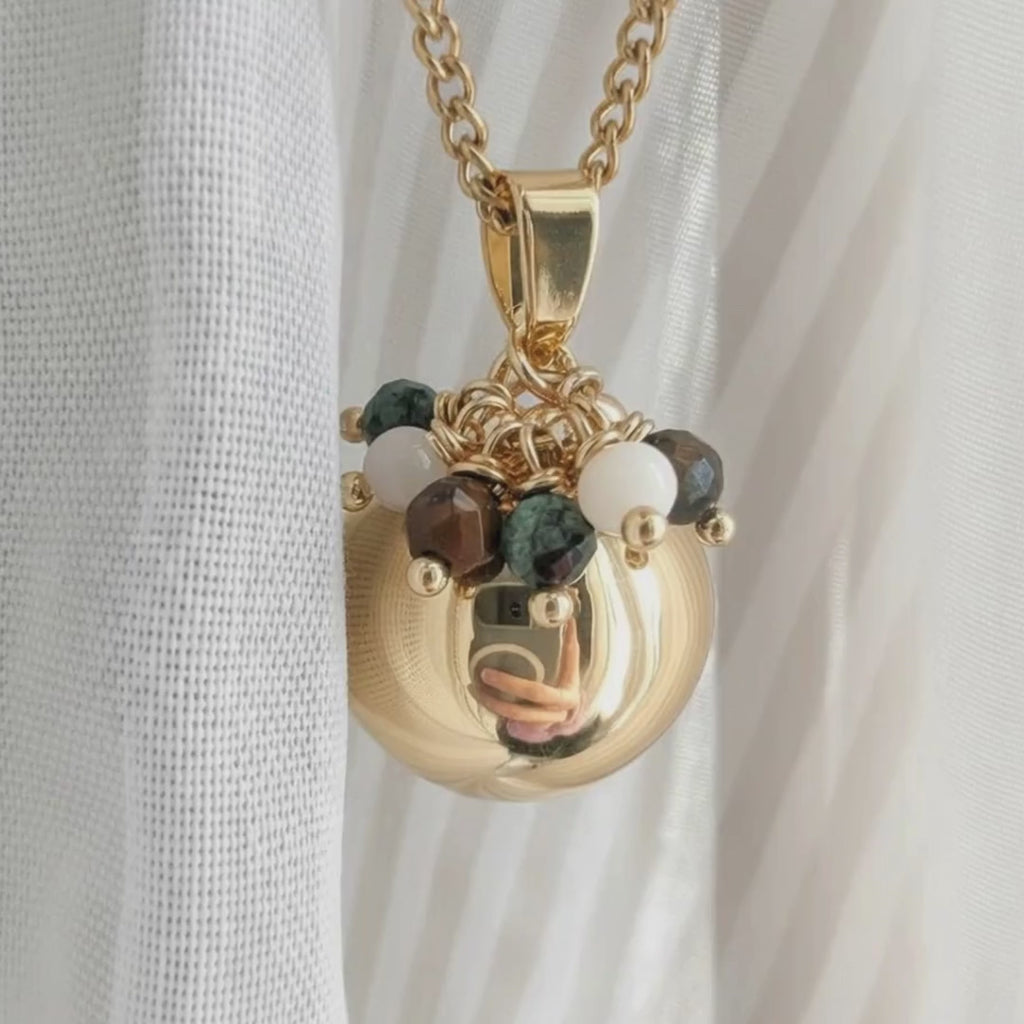 Bola grossesse pierre naturelle émeraude, œil de tigre et nacre - Plaqué or